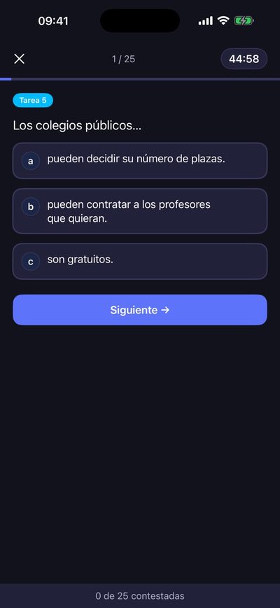 Simulacro de examen CCSE de 25 preguntas con temporizador de 45 minutos