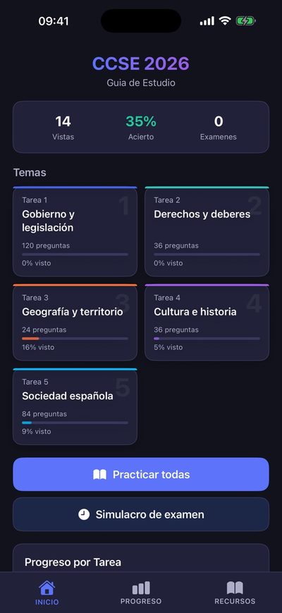 Pantalla de inicio de CCSE 2026 - Guía de Estudio con las 5 tareas del examen CCSE