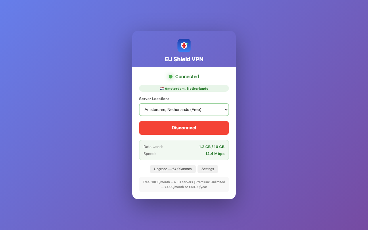 EU Shield VPN – connected to Amsterdam